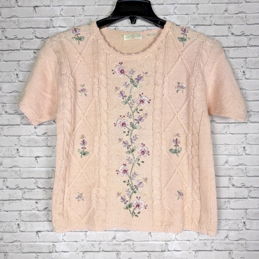 Vintage Yarnworks Sweater Womens Size Medium Light Pink Knit Floral Embroidery